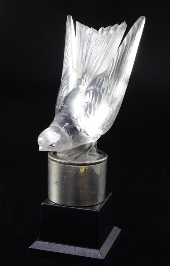 Hirondelle/Swallow. A glass mascot by René Lalique, introduced on 10/2/1928, No.1143 Height 18.3cm with mount, 23.3 overall.